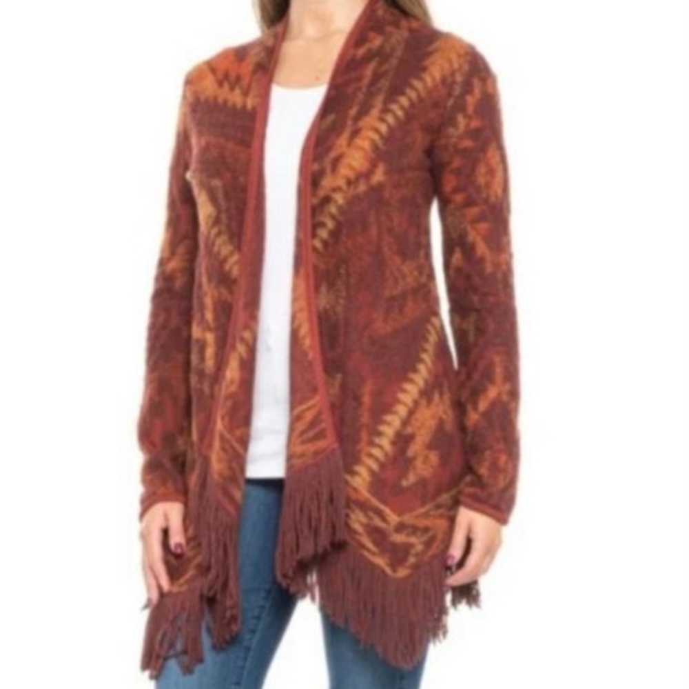 Lucky Brand Fringe Drape Aztec Southwest Western Cardigan Orange Red large